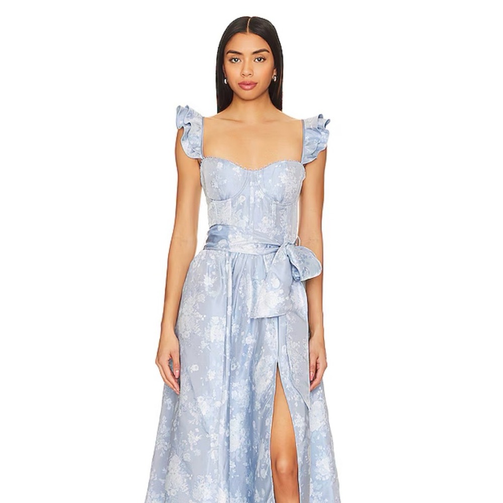 V. Chapman Denim Blue Windsor Floral Vera Corset Midi Dress w/ Waist Tie Size 0